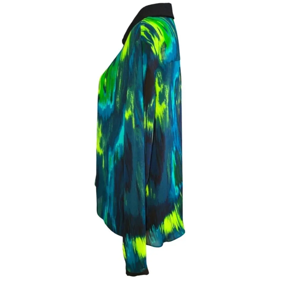 Tahari Sheer Abstract Vibrant colorBlouse Chartreuse turquoise and Black-Size L - Picture 2 of 5